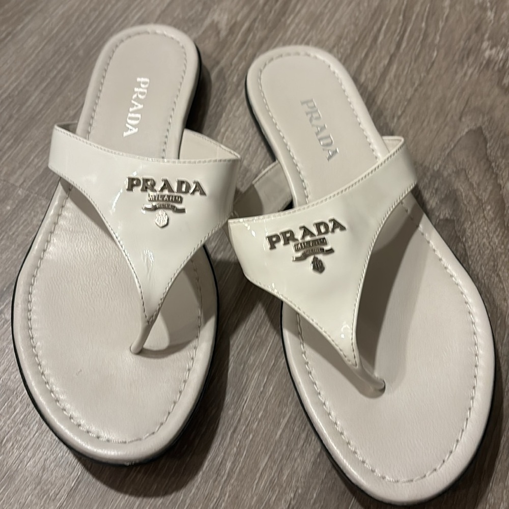 NIB Auth Prada white patent thong sandals. PRICE FIRM.